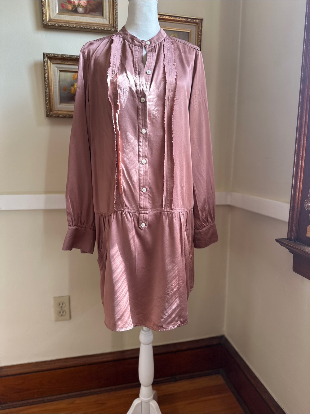 100% Silk Banana Republic Dusty Rose Mauve Long-Sleeve Pintuck Mini Dress